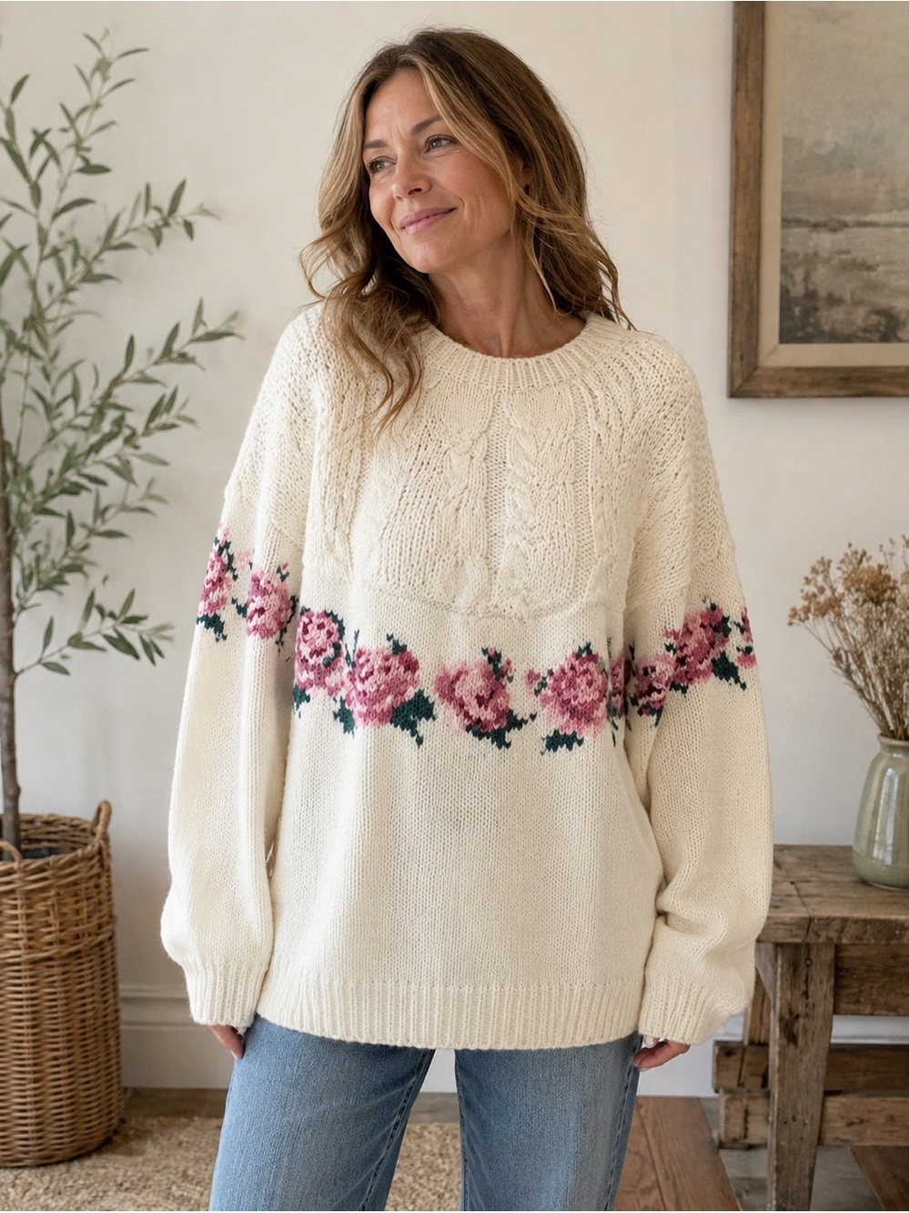 Handknit Floral Cable Knit Sweater